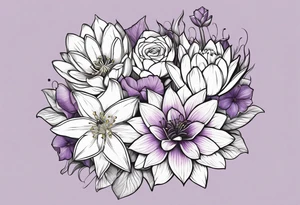 flower bouquet with 1 violet, 1 water lilly, and 1 narcissus tattoo idea