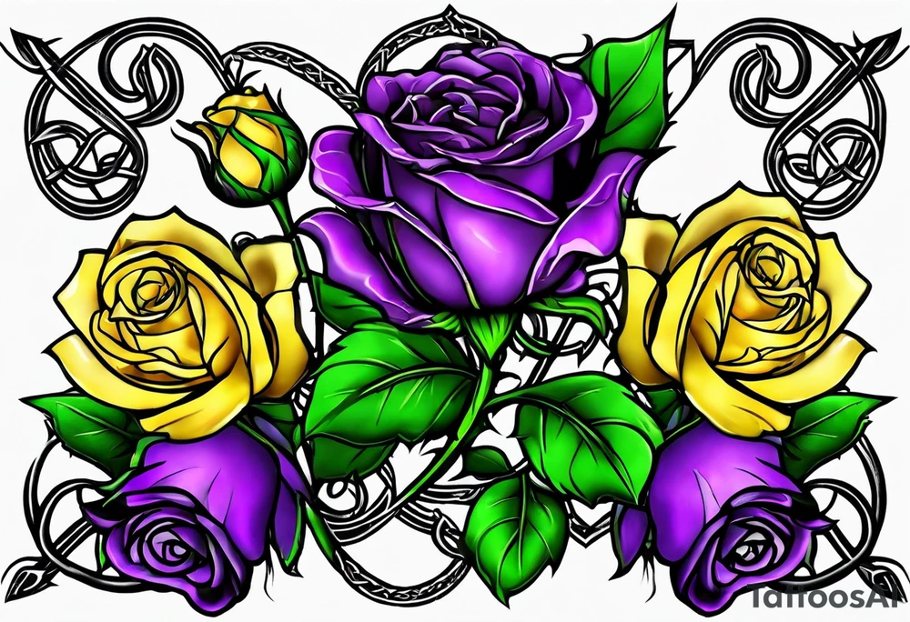 Purple thistle, yellow rose and shamrock with stems intertwined spelling KND in celtic lettering tattoo idea