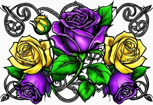 Purple thistle, yellow rose and shamrock with stems intertwined spelling KND in celtic lettering tattoo idea