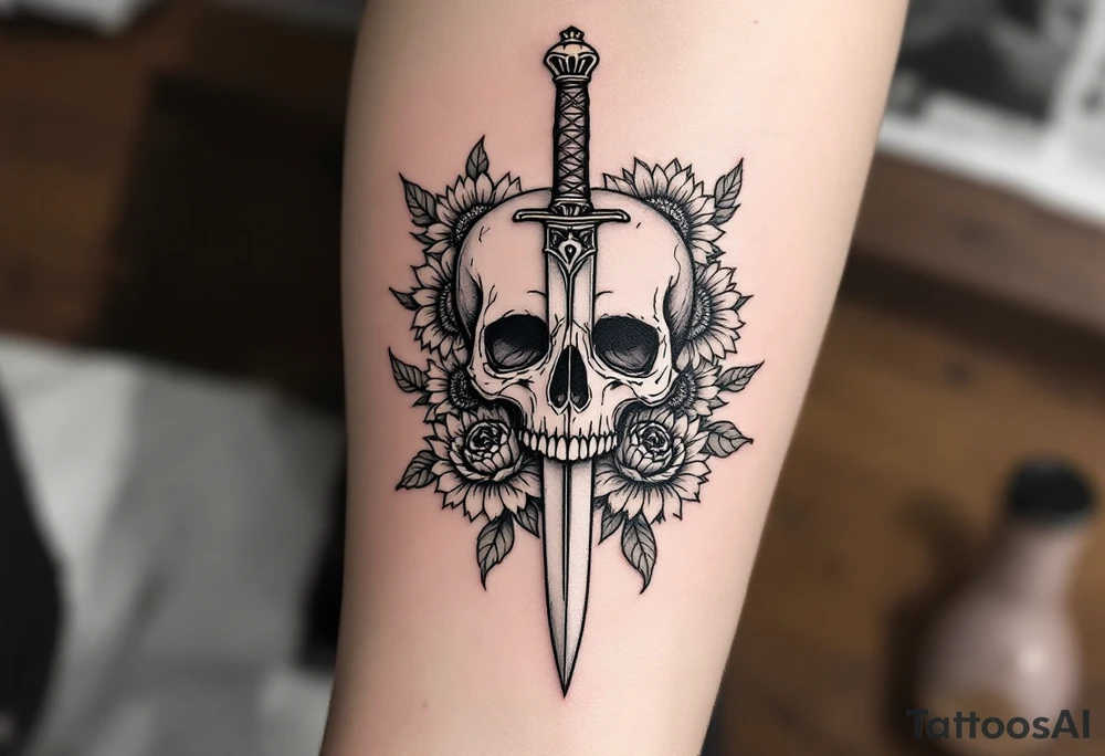 Skull, dagger piercing a heart with roses and sunflowers tattoo idea Skull, dagger piercing a heart with roses and sunflowers tattoo idea