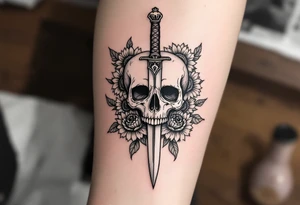 Skull, dagger piercing a heart with roses and sunflowers tattoo idea