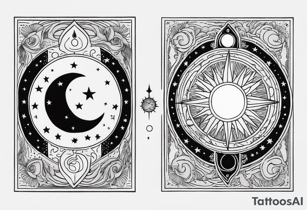 Two tarot cards, one sun and one moon, contrasting colours tattoo idea