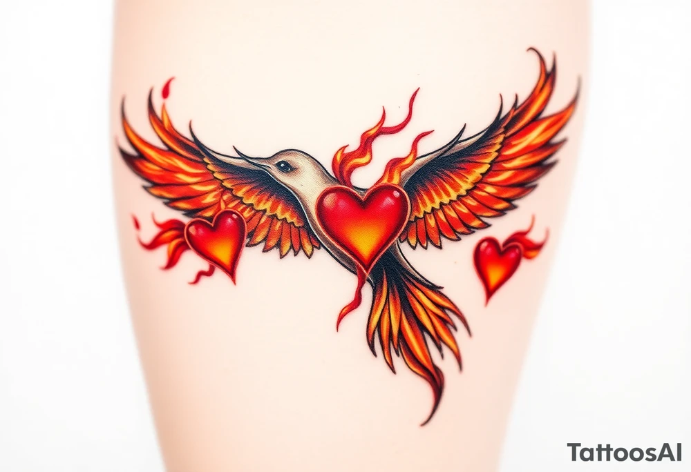 A fiery bird print with hearts engulfed in flames, using shades of red, orange, and yellow, symbolizing passion and energy tattoo idea