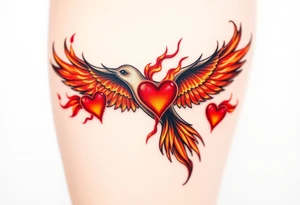 A fiery bird print with hearts engulfed in flames, using shades of red, orange, and yellow, symbolizing passion and energy tattoo idea