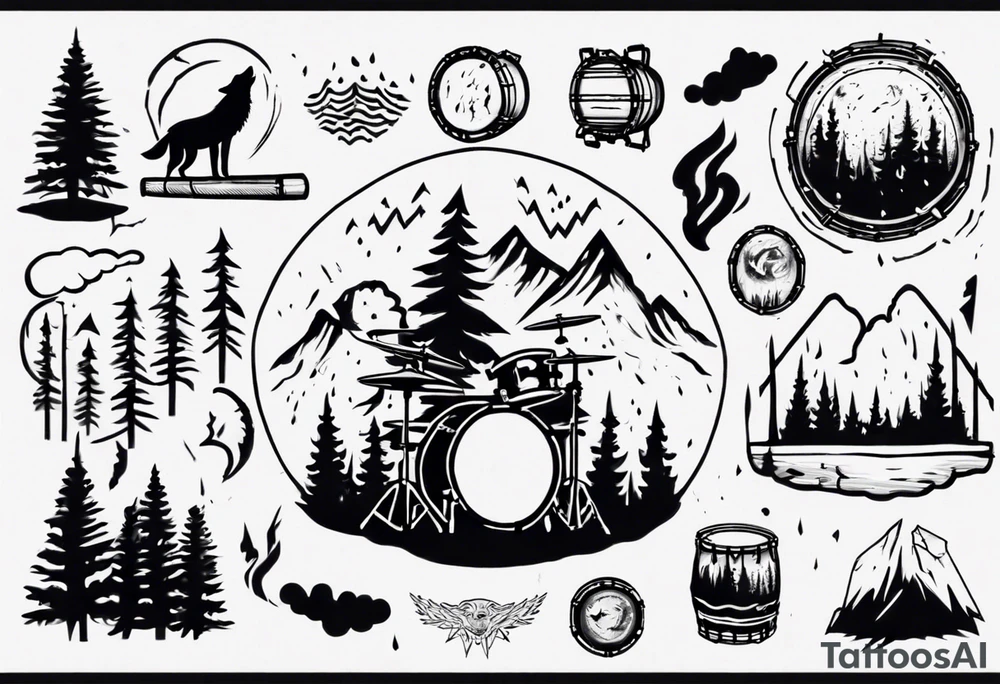 thunderstorm over a forest with a wolf howling on drums tattoo idea thunderstorm over a forest with a wolf howling on drums tattoo idea