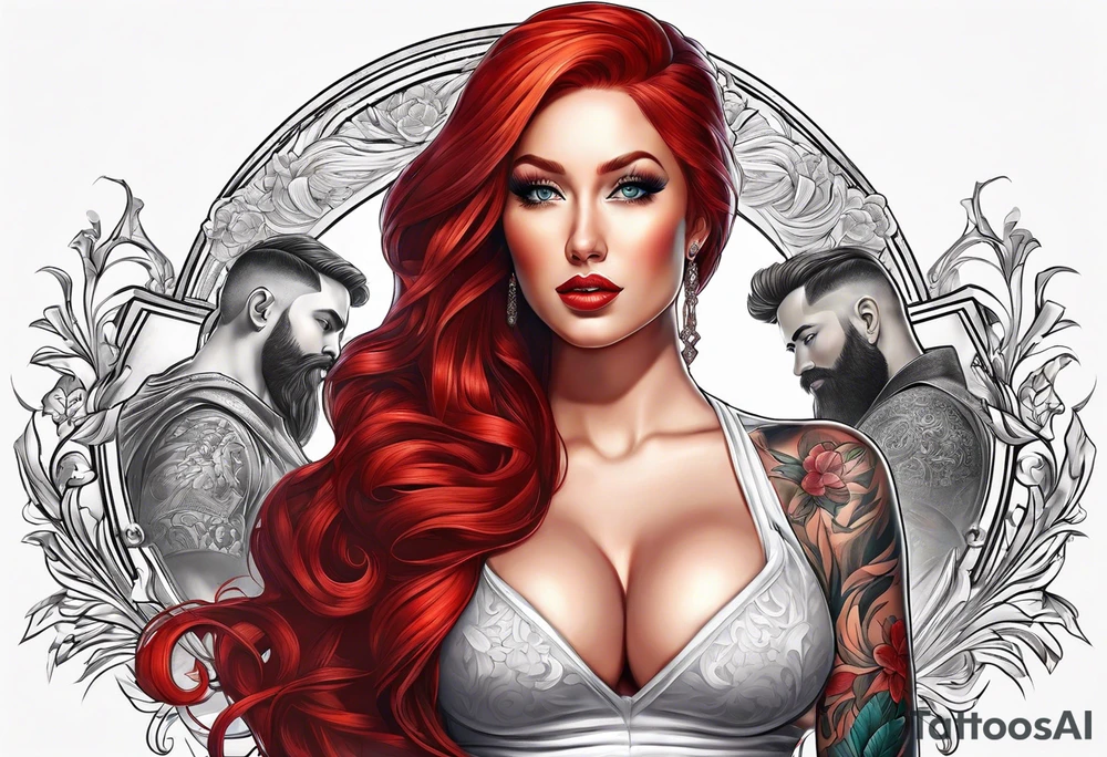 Busty red haired woman with a bearded man who has black hair tattoo idea