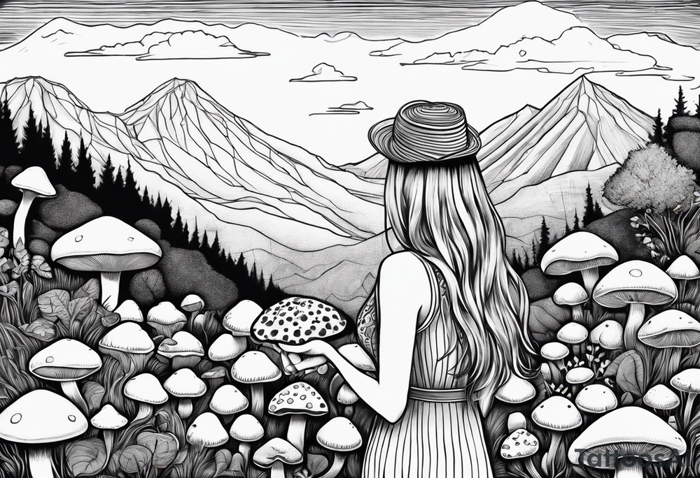 Straight long blonde hair girl in distance holding mushrooms in hand facing away toward mountains surrounded by mushrooms black and white striped dress tattoo idea