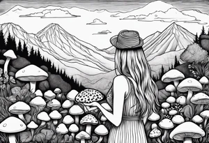 Straight long blonde hair girl in distance holding mushrooms in hand facing away toward mountains surrounded by mushrooms black and white striped dress tattoo idea