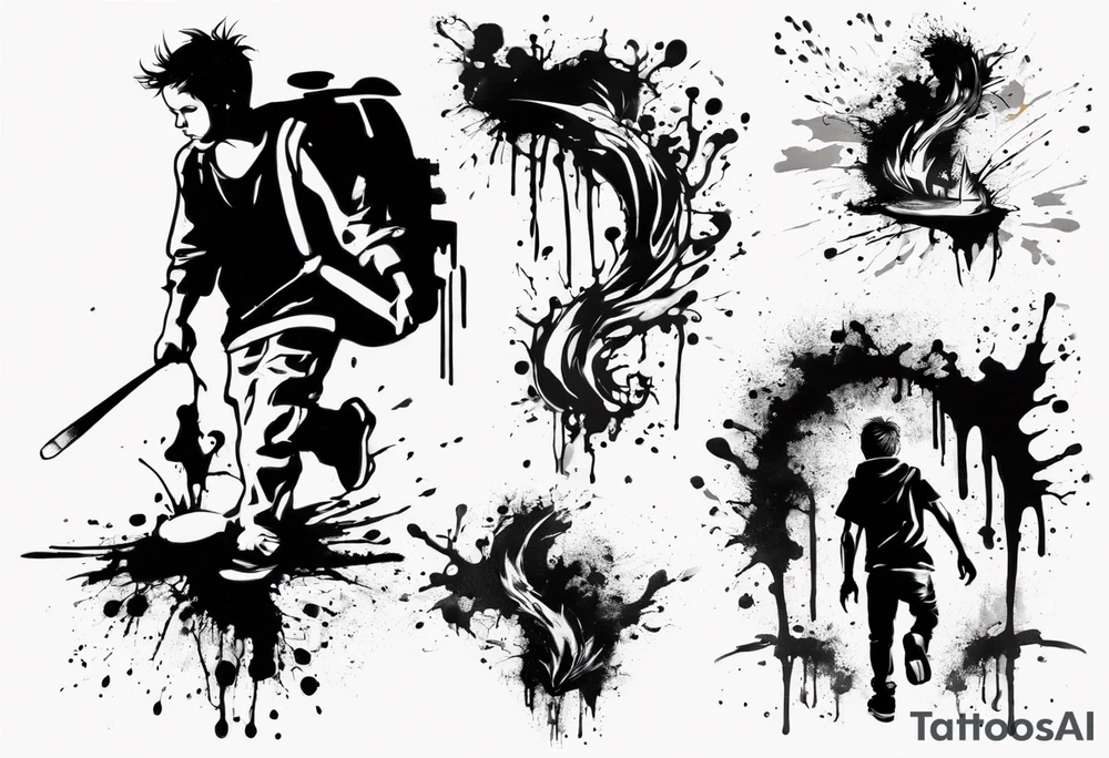 Paint splash drawing a lost boy walking alone tattoo idea