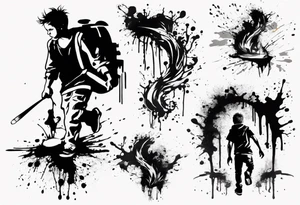 Paint splash drawing a lost boy walking alone tattoo idea