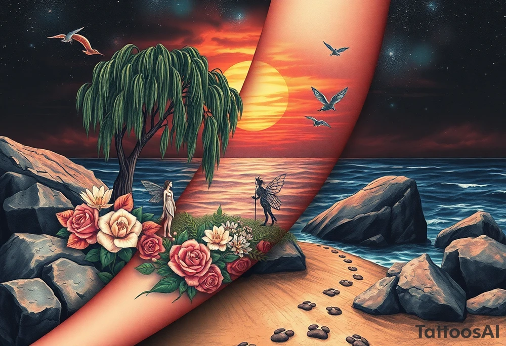 Sunset galaxy. Rocky Dark Ocean.  fairies, siren, dragons  weeping willow garden with roses and lilies flower beds,,  cat paw prints path in dirt. tattoo idea