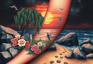Sunset galaxy. Rocky Dark Ocean.  fairies, siren, dragons  weeping willow garden with roses and lilies flower beds,,  cat paw prints path in dirt. tattoo idea