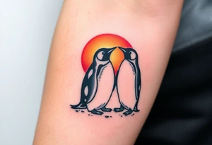 Penguins cuddling looking at a sunset tattoo idea