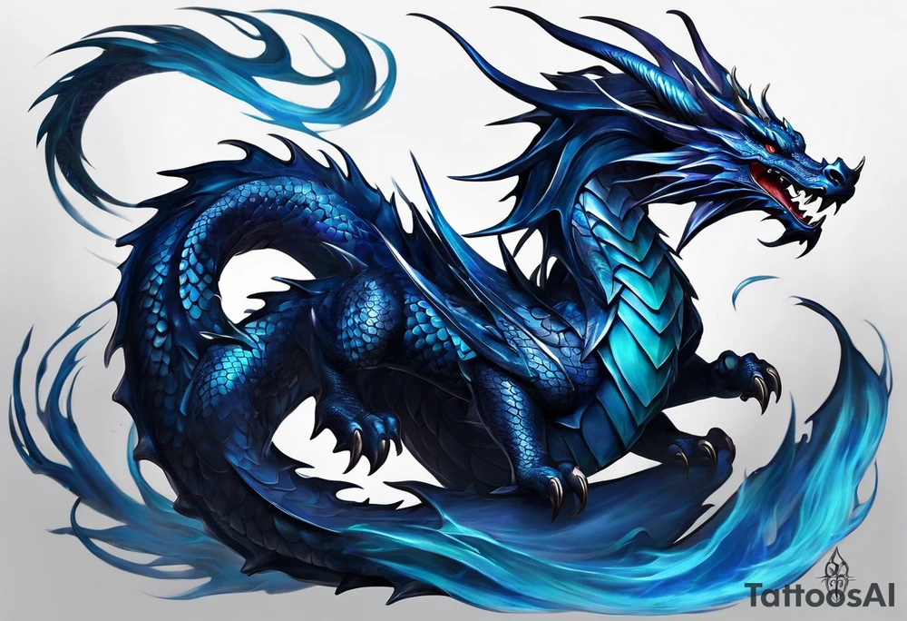 An epic floating dragon. Its long body coiling dynamically, with scales and horns detailed to create a sense of movement and strength. The dragon's main color is midnight blue, giving a vibrant depth and a mystical aura. This tattoo highlights the dragon’s fierce expression and sharp claws. tattoo idea
