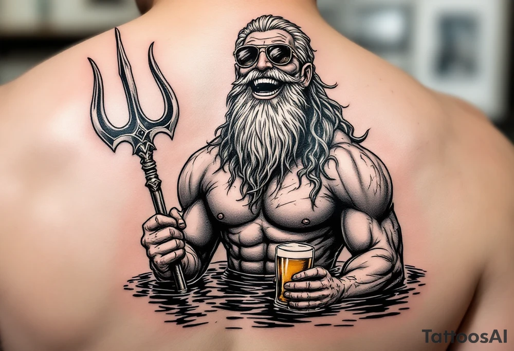 smiling, fit poseidon, with a trident, in calm water, holding a beer, with sunglasses tattoo idea