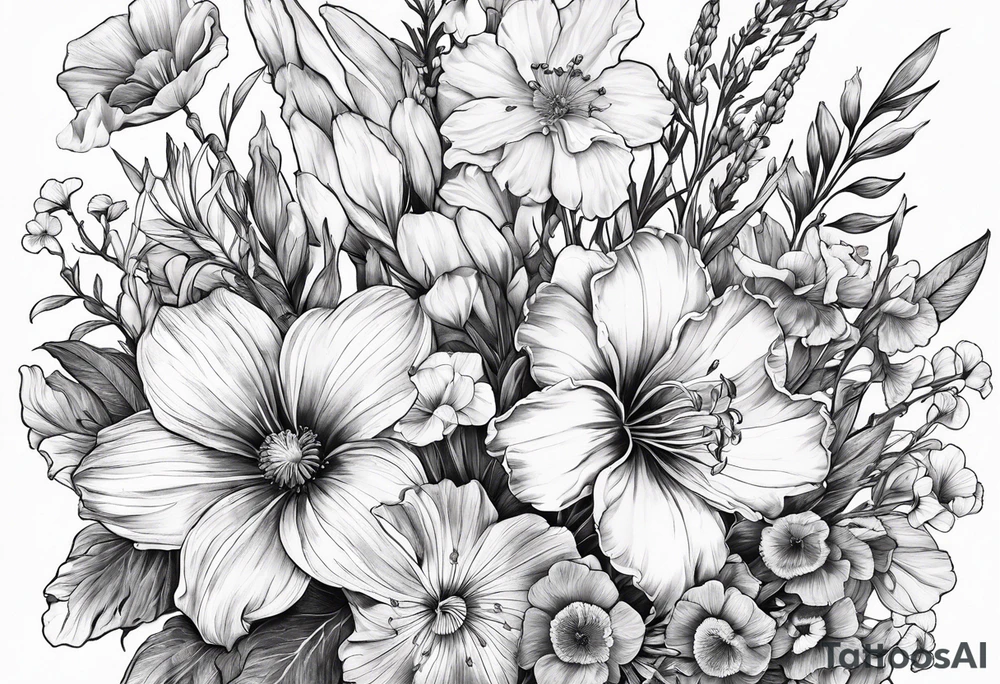 Wild flower bouquet with Violet, Daffodil, Gladiolus, Poppy, Cosmos tattoo idea
