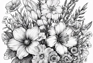 Wild flower bouquet with Violet, Daffodil, Gladiolus, Poppy, Cosmos tattoo idea