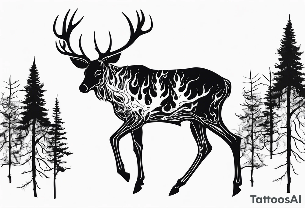 side profile of a rotting deer skeleton JUST BONE surrounded by a flames and trees tattoo idea