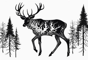 side profile of a rotting deer skeleton JUST BONE surrounded by a flames and trees tattoo idea