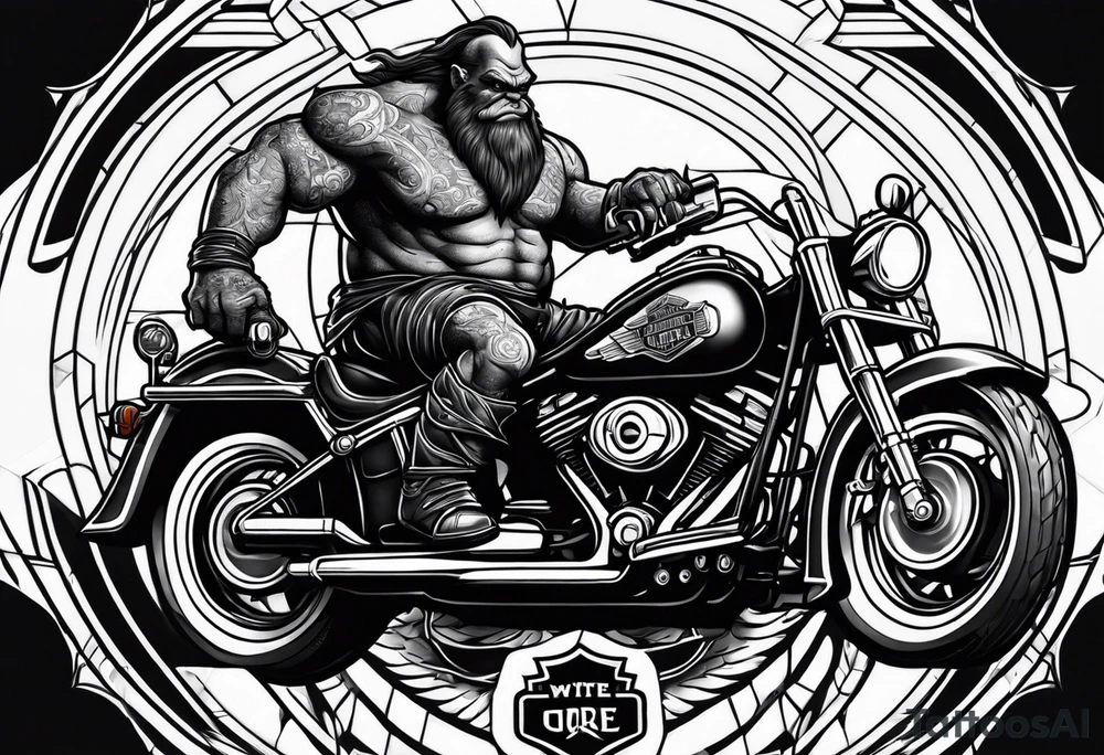 Ogre wearing leather riding a Harley Davidson tattoo idea