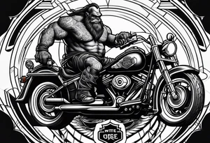 Ogre wearing leather riding a Harley Davidson tattoo idea
