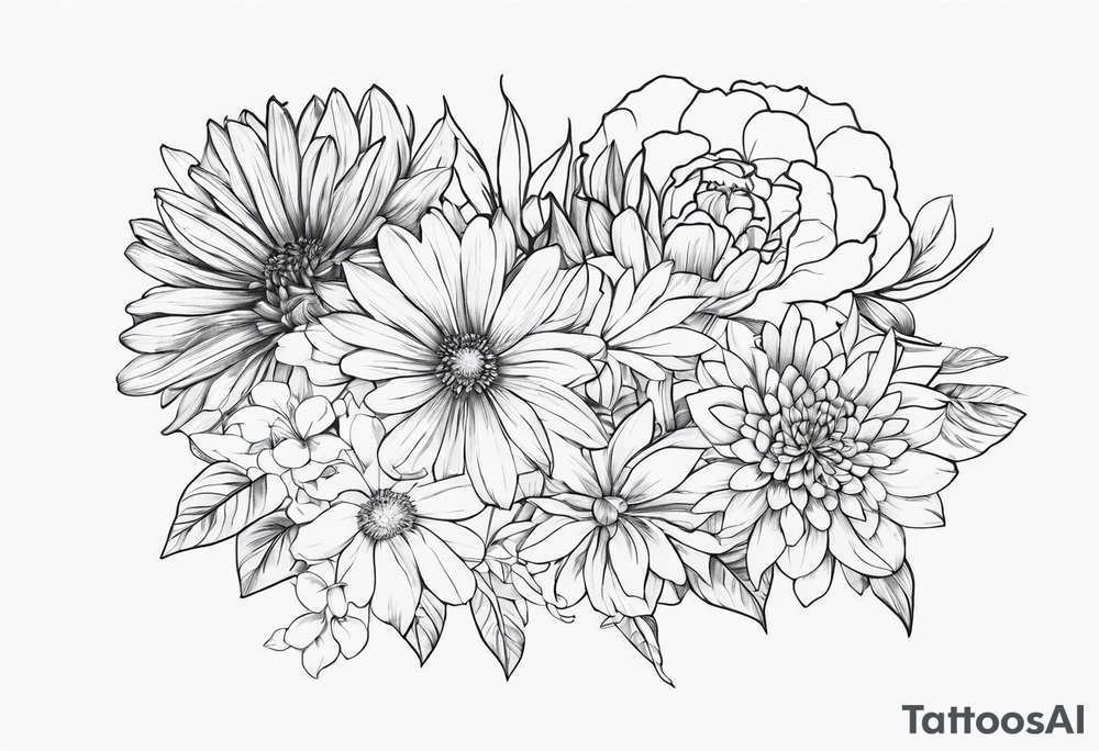 Asters, roses, Lillies, chrysanthemums in a long line tattoo idea
