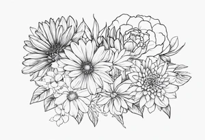 Asters, roses, Lillies, chrysanthemums in a long line tattoo idea