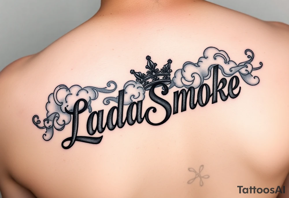 LadaSmoke name with a crown and clouds of smoke tattoo idea