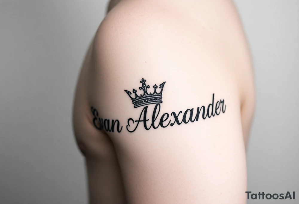 Name tattoo that says Evan Alexander with a crown on forearm tattoo idea