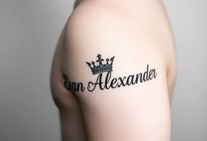 Name tattoo that says Evan Alexander with a crown on forearm tattoo idea
