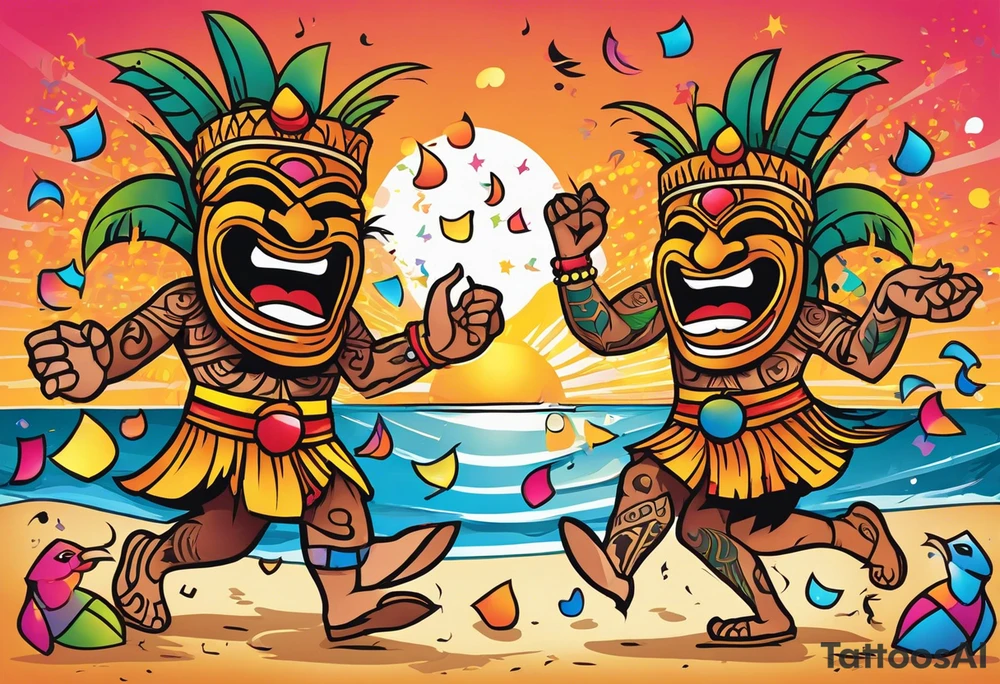 dancing tiki gods dance party on the beach with a sunset in the center of the image with confetti and music notes tattoo idea