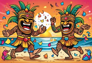dancing tiki gods dance party on the beach with a sunset in the center of the image with confetti and music notes tattoo idea