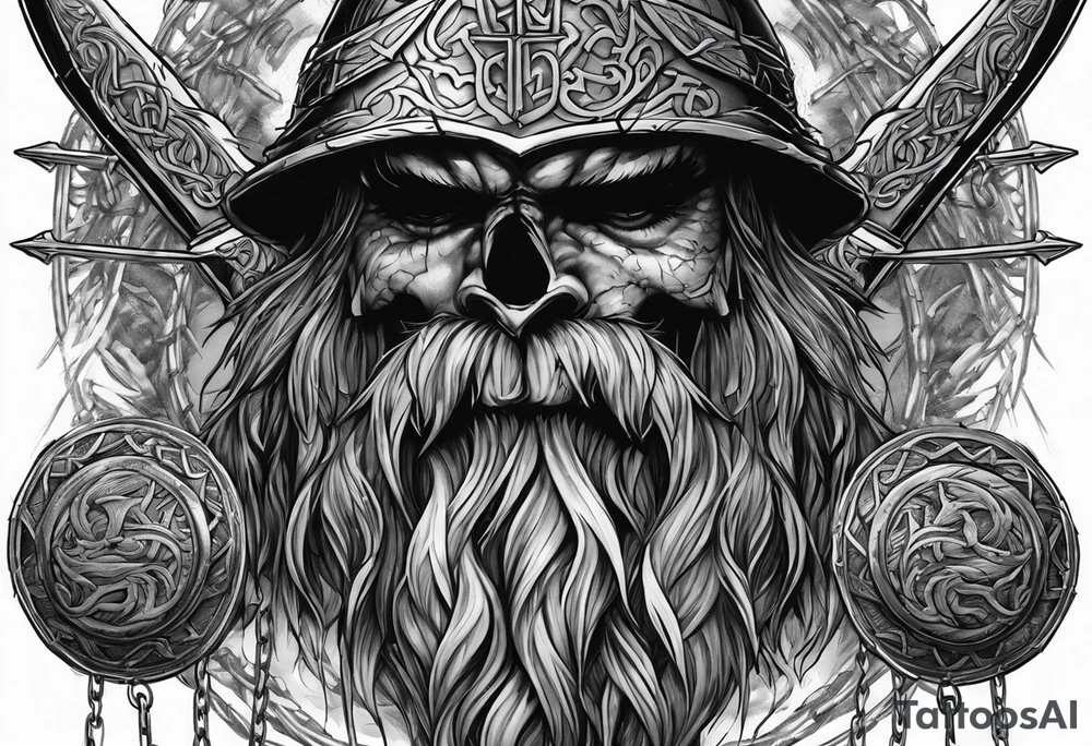 Valhalla sword shield axe barbed wire chains dark cloud tattoo idea