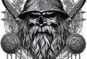 Valhalla sword shield axe barbed wire chains dark cloud tattoo idea