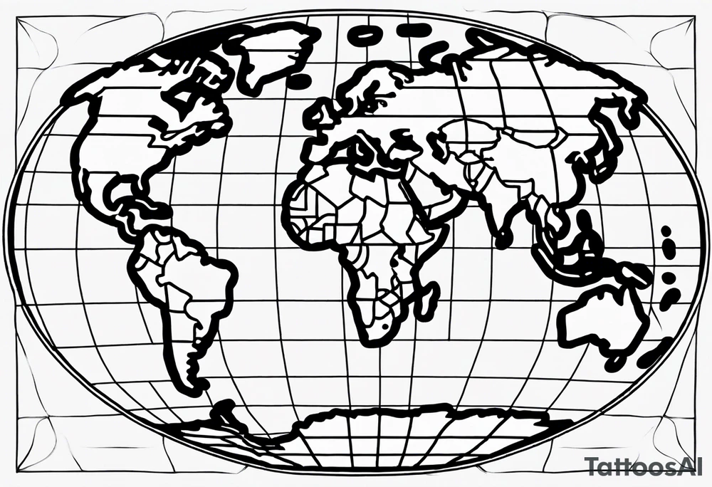 the earth on a flat map with light fading shading placed on a grid with only the lines with accurate depictions of the borders in countries while having it in an oval/circular position tattoo idea