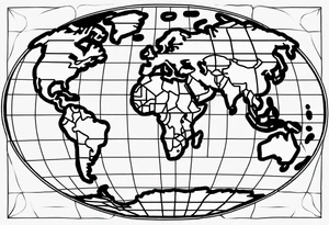 the earth on a flat map with light fading shading placed on a grid with only the lines with accurate depictions of the borders in countries while having it in an oval/circular position tattoo idea