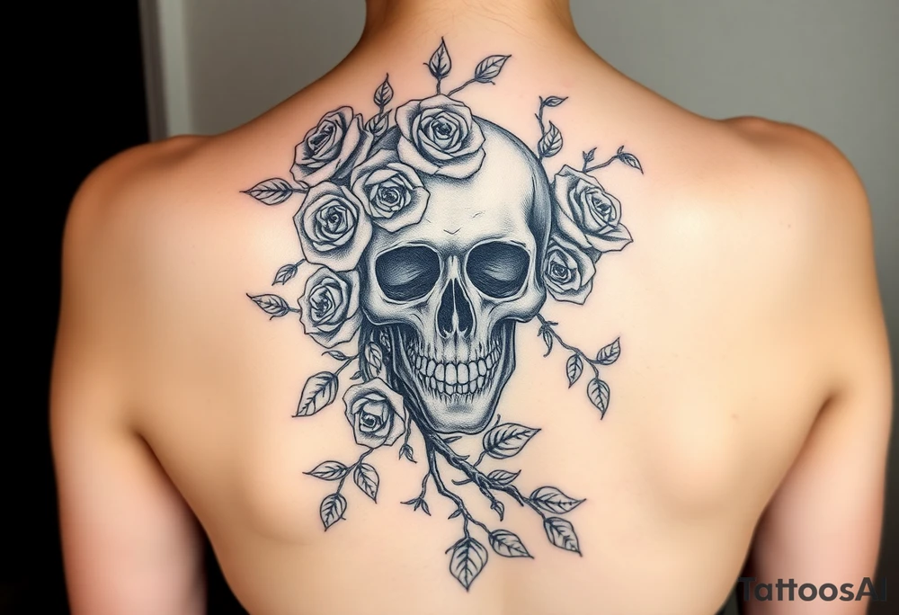 gothic skull intertwined with climbing roses and thorny vines tattoo idea