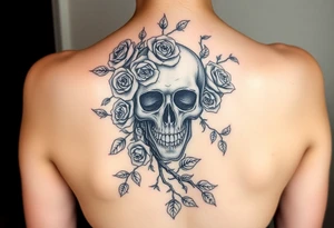 gothic skull intertwined with climbing roses and thorny vines tattoo idea