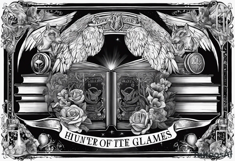Stacked books with Harry Potter, twilight, hunger games, throne of glass and zodiac academy tattoo idea