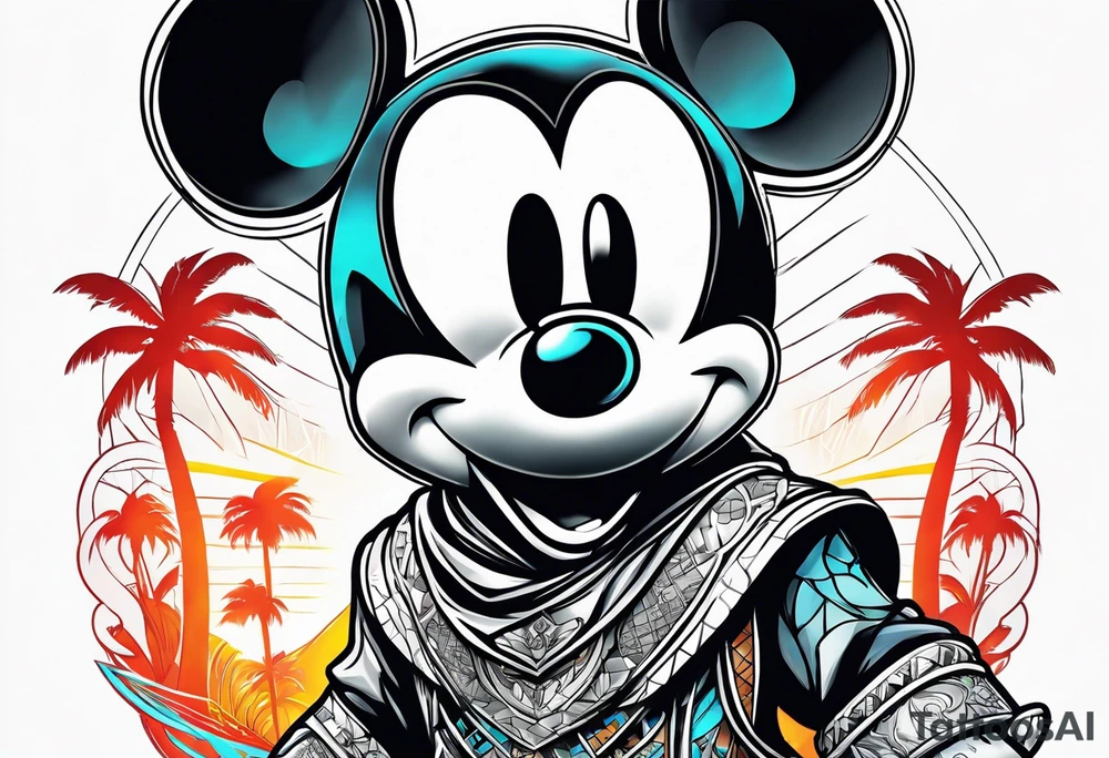 mickey mouse assassins creed character that is in the style of tron with palm trees tattoo idea