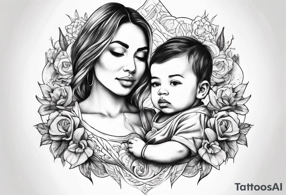 chest tattoo : 
mom and baby son tattoo idea