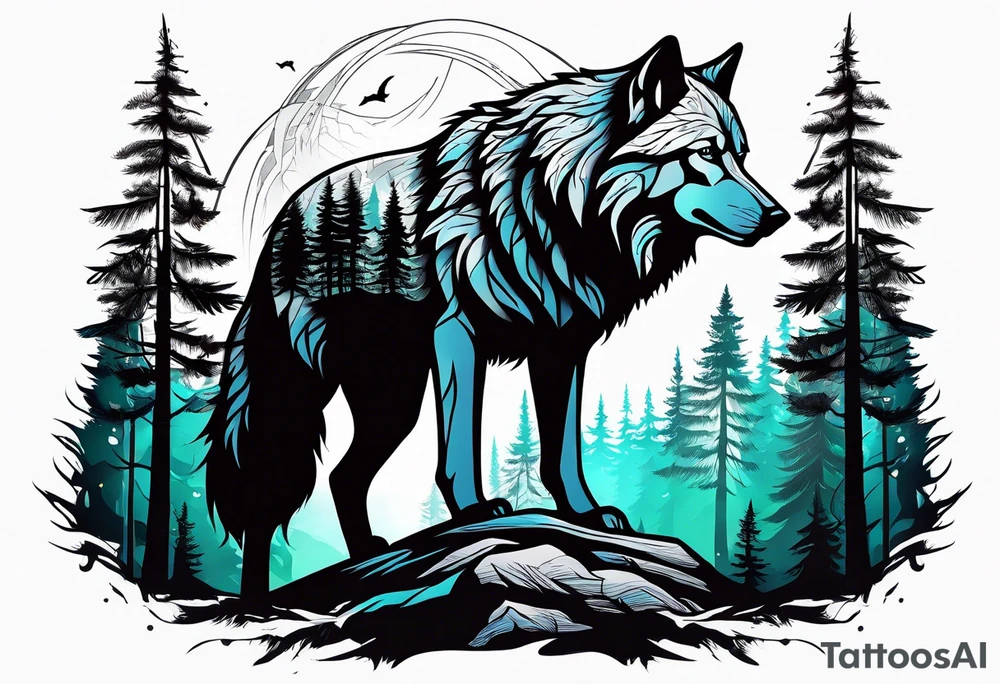 Forest with a wolf walking tattoo idea