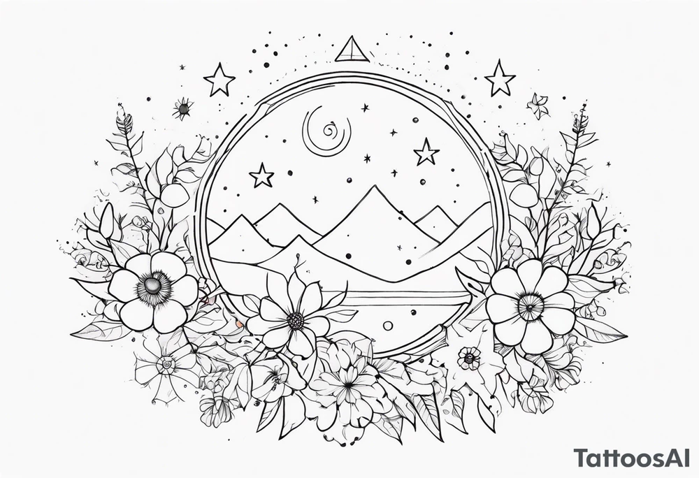 fine line with sun, stars, floral, dots. Sternum tattoo tattoo idea