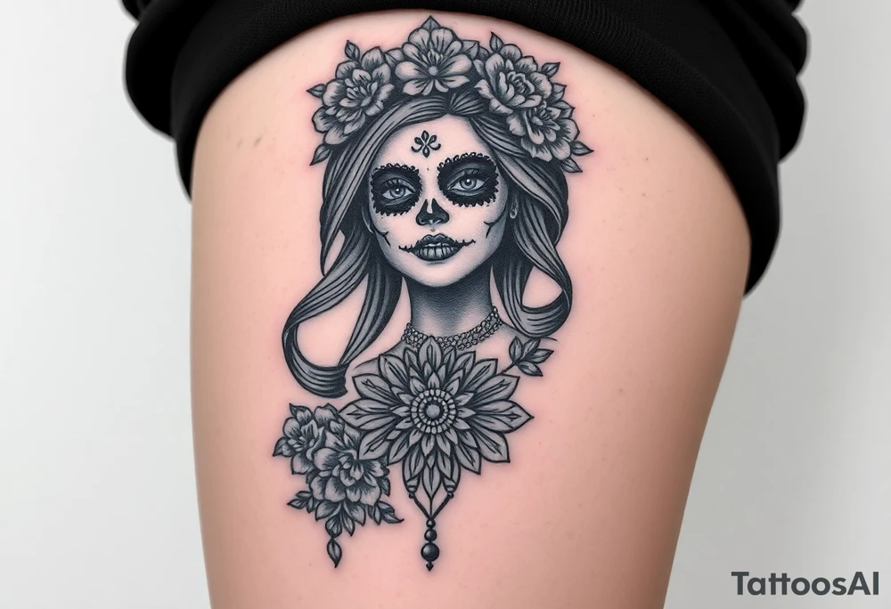 Eine sehr realistisch aussehende moderne la Catrina auf dem gesamten forderten Oberschenkel verbunden mit einem mandala auf dem Knie tattoo idea