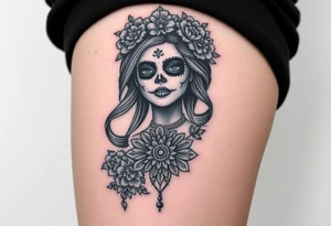 Eine sehr realistisch aussehende moderne la Catrina auf dem gesamten forderten Oberschenkel verbunden mit einem mandala auf dem Knie tattoo idea