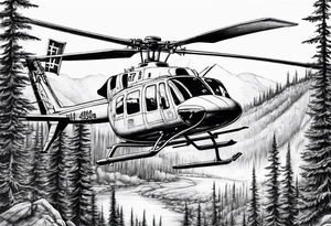 a bell 407 helicopter with the name "T. Sousa" on it, with multiple other helicopters below it, over a wildfire, with the pilot wearing night vision goggles. tattoo idea