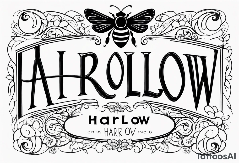 Harlow written in cursive and then a bumblebee flying off the end of the w at the end of the name tattoo idea