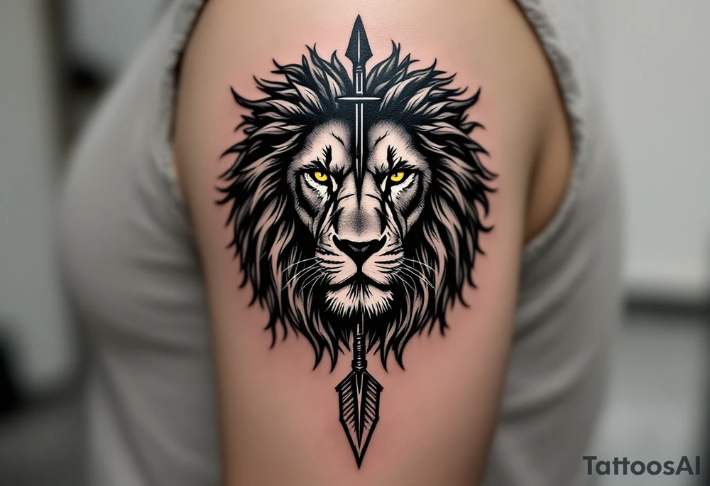 a spiritual lion with yellow eyes that come down a long arrow and surrounded by a olive tree leaf around tattoo idea