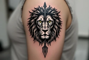 a spiritual lion with yellow eyes that come down a long arrow and surrounded by a olive tree leaf around tattoo idea