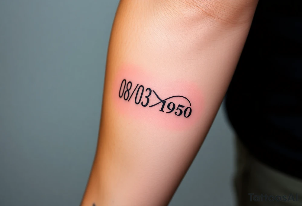 “Quero uma tatuagem no antebraço, simples e pequena. Deve ter a data de nascimento do meu avô 08/03/1950 escrita em vermelho, seguida de um traço reto e, à frente, o símbolo de infinito em preto com detalhes em branco. O design deve ser minimalista, com letras elegantes e proporcionais, mantendo um aspeto discreto.” tattoo idea